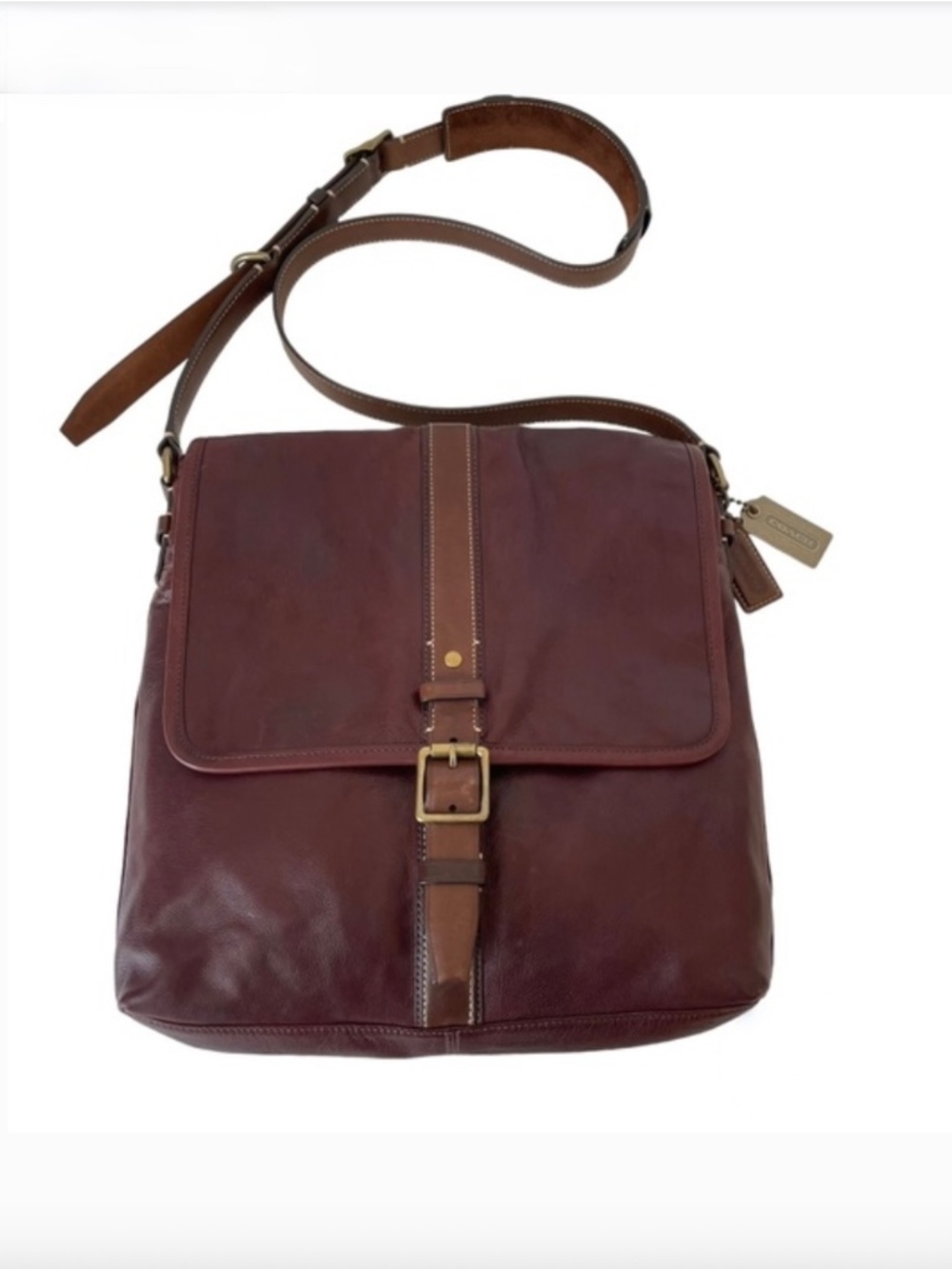 Coach Harrison Map Messenger Bag Dark Brown Leather Unisex